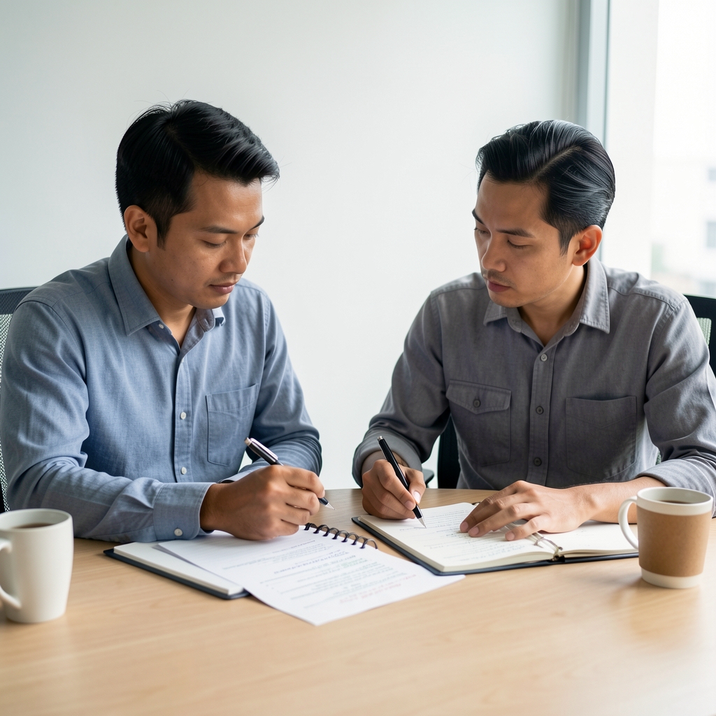 Two men reviewing nutritional information and wellness journal notes at a clean wooden desk under studio lighting, Jakarta editorial setting