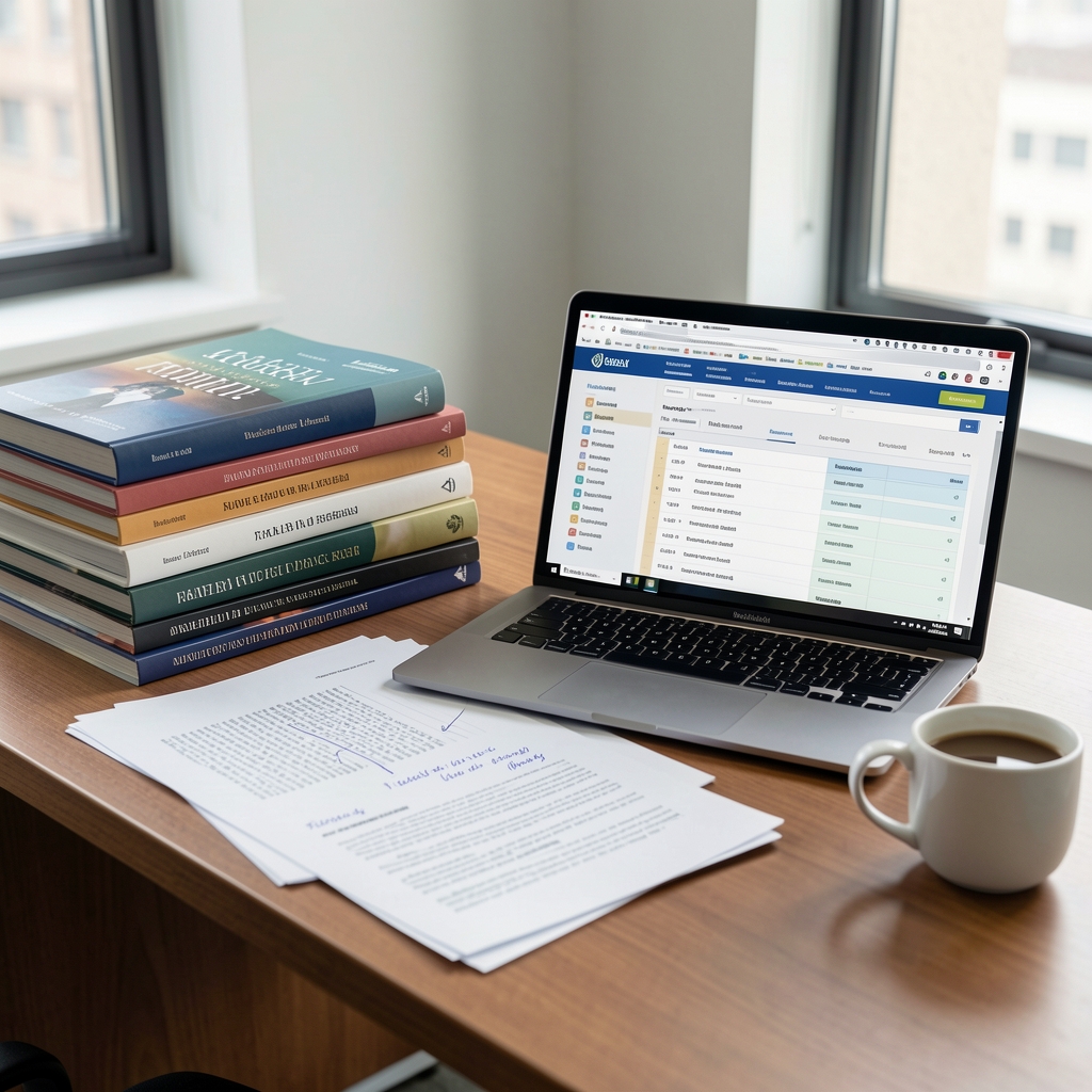 Editorial research desk with stacked academic journals, annotated printouts, a laptop displaying a nutritional research database, and a cup of coffee