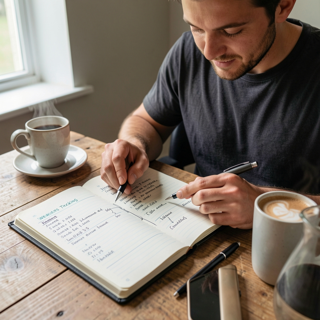 Man reviewing handwritten wellness tracking journal with fitness data entries, a pen and morning coffee on a wooden desk