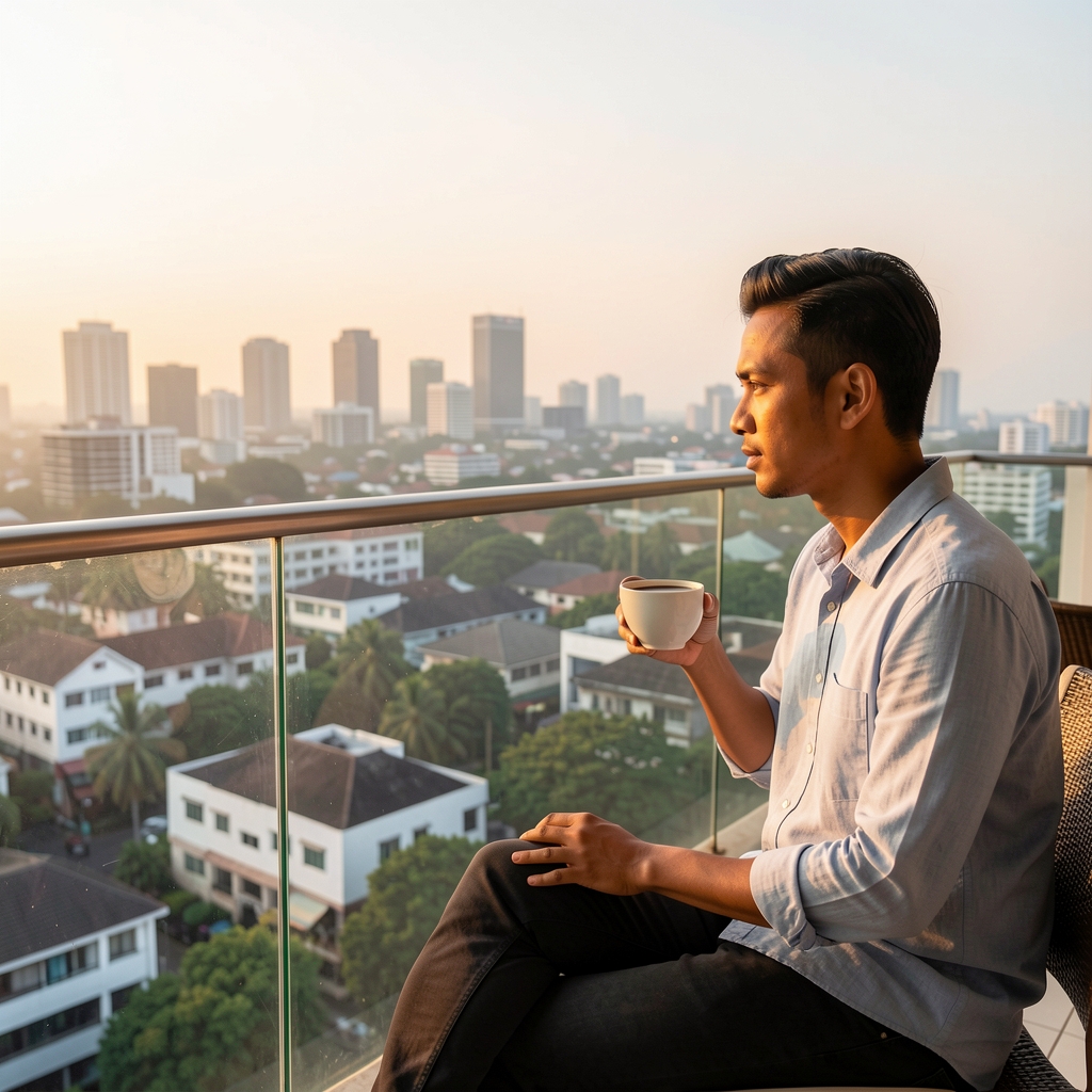 Man sitting on a balcony overlooking a Jakarta cityscape at dawn, holding a cup of coffee, in a moment of quiet morning reflection