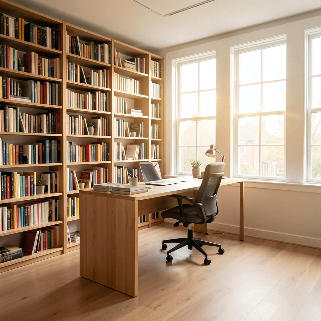 Wide shot of the Draloven editorial studio in South Jakarta showing bookshelves, a standing desk, and natural afternoon light